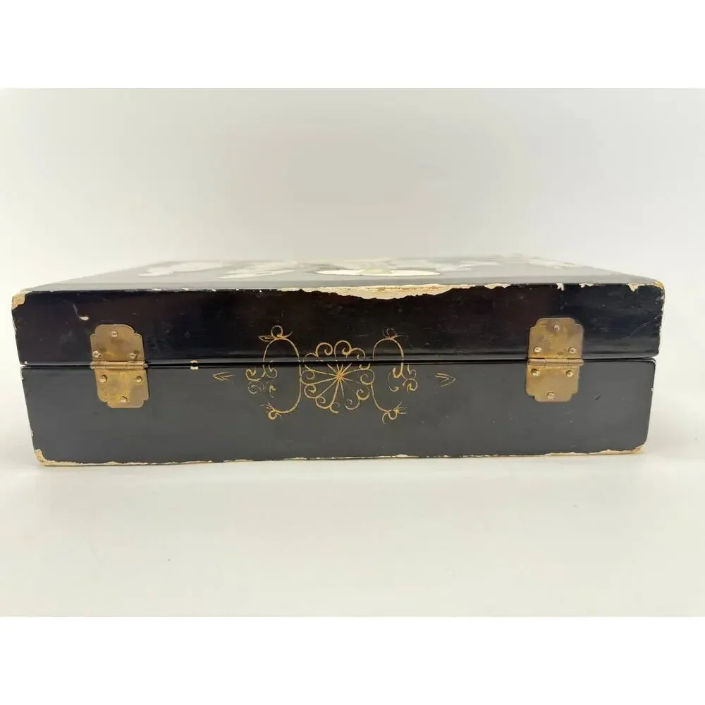 Asian Black Lacquer Jewelry Box Mother of Pearl Inlay Red Velvet 2.35 lb